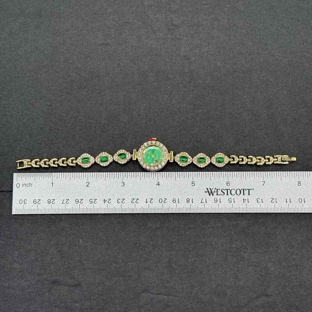 Gold Tone Clover Watch Bracelet Set 2 Pc Faux Emerald Jade Green Rhinestone NEW